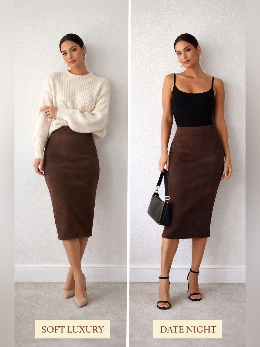 Brown Faux Suede Pencil Midi Skirt XS | Old Money Quiet Luxury Style Philosophy